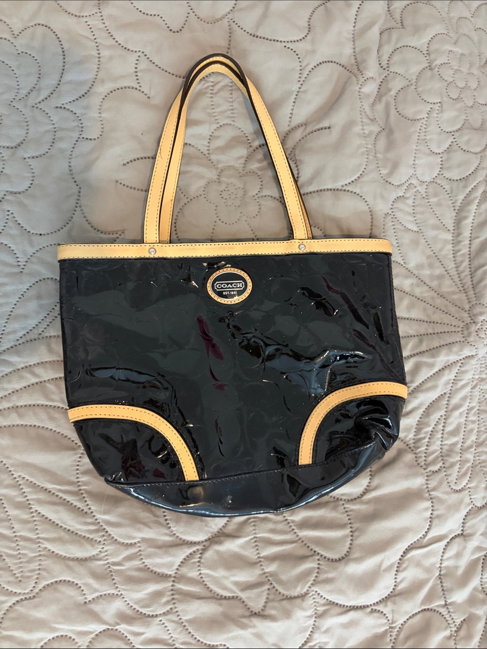 Coach Black Patent Tote with Yellow Trim and Handles